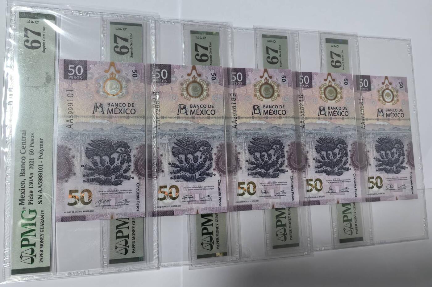 《艾美收藏》第222期-11.30周日外币畅拍 (5张全部签名大全套)墨西哥2021年首发AA冠50比索PMG67E无47 获奖钞 六角恐龙 一步到位