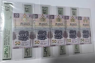 《艾美收藏》第222期-11.30周日外币畅拍 - (5张全部签名大全套)墨西哥2021年首发AA冠50比索PMG67E无47 获奖钞 六角恐龙 一步到位