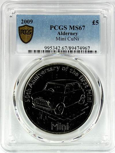【雨安】【直播拍卖】【世界币章117期-评级币】2025-11-29 周六 19:30 保真 - [评级现代] Alderney 奥尔德尼 5镑 2009年 mini汽车50周年  PCGS-MS67