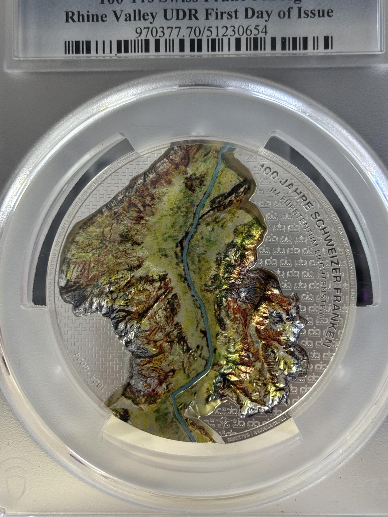 第183期拍卖 列支敦士登2024年莱茵河谷100年瑞士法郎5盎司纪念银币PCGS-SP70无盒无证书，9999银，发行500枚