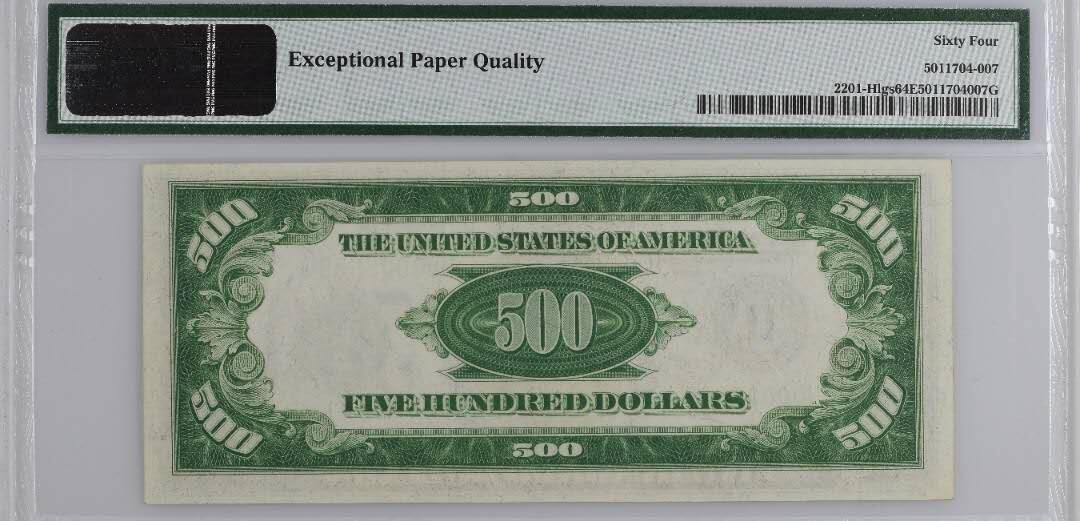 《艾美收藏》第222期-11.30周日外币畅拍 [大珍]美国1934年最受藏家青睐浅绿版H区500美元高值PMG64E季军分少见千位5639号，第25任美国总统威廉·麦金莱，他是川普口中美国