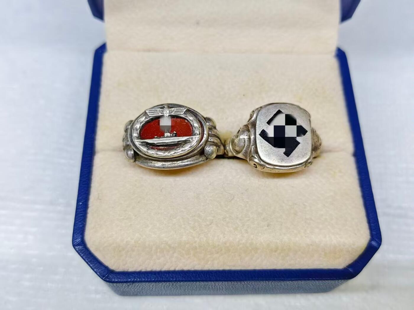 ww2德仨，u型潜艇戒指，银质（835银标），中间为玛瑙红色片，内圈直径2厘米带一个纸质证书，德三党政戒指带835银标内圈直径2厘米带电子证书标价为一枚价格4500