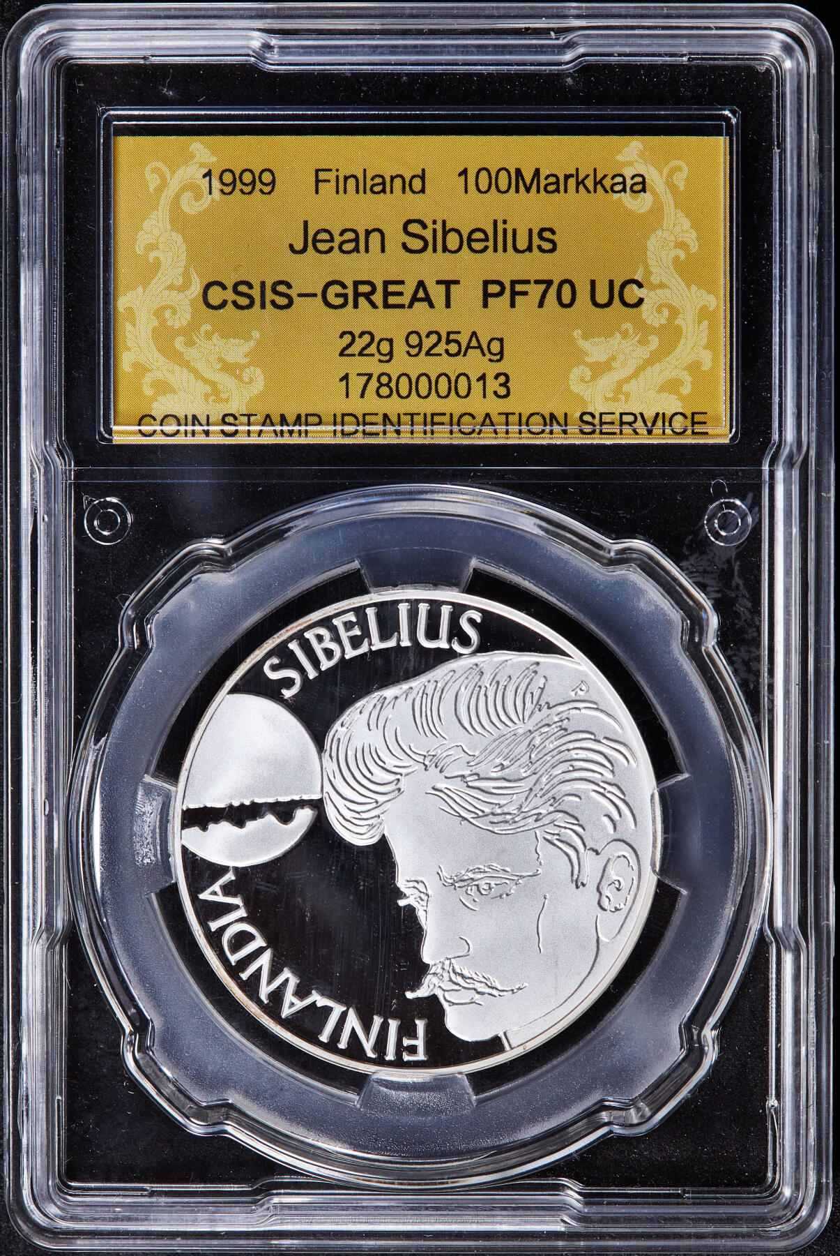 【俄甄集藏】2025年(045)12-03 星期三 晚 19:30 全场包邮 芬兰1999年纪念音乐家让·西贝柳斯100马克精制银币，信泰 PF70UC，重量：22克，含银量：92.5%，发行量：6000枚，稀少品种