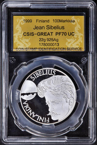 【俄甄集藏】2025年(045)12-03 星期三 晚 19:30 全场包邮 - 芬兰1999年纪念音乐家让·西贝柳斯100马克精制银币，信泰 PF70UC，重量：22克，含银量：92.5%，发行量：6000枚，稀少品种