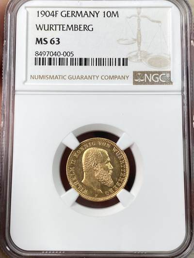 万国钱币拍卖第056期 - NGC MS63 1904年德国符腾堡威廉二世长翅流通10马克金币 丝滑金光极美收藏品质 3.98G 900金