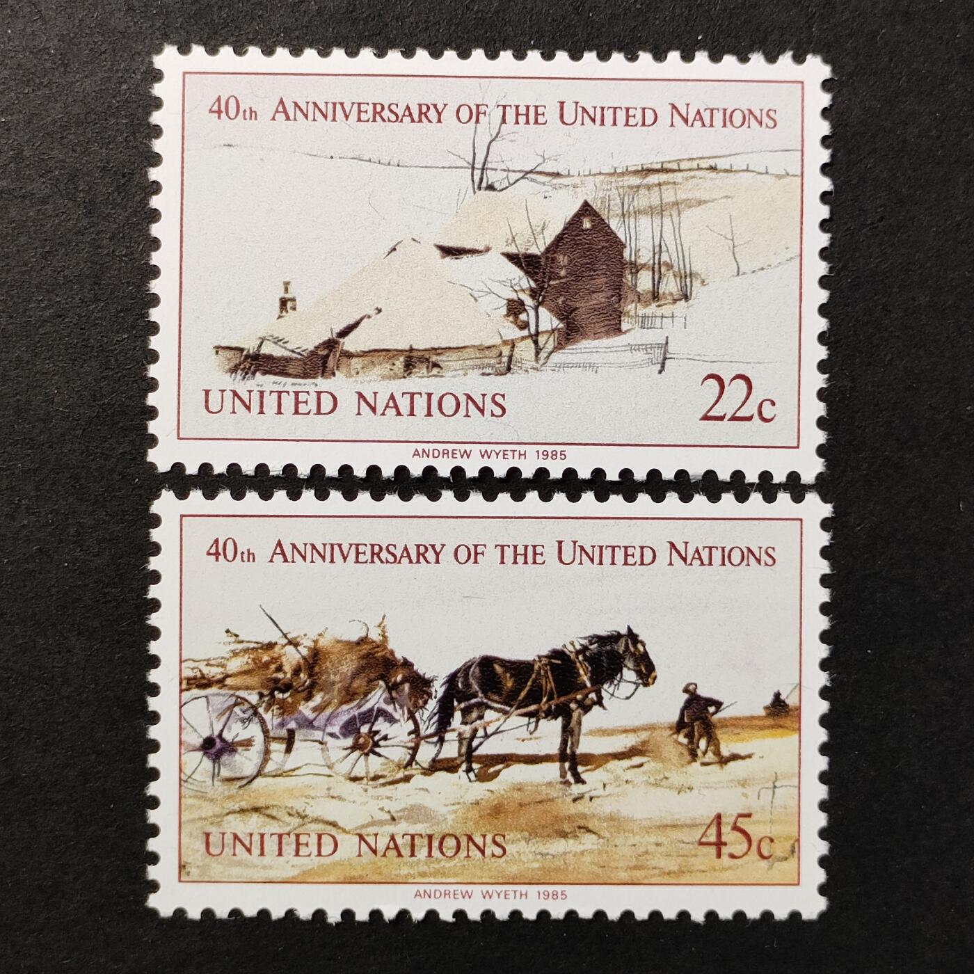 ↓君缘收藏665期☞钱币邮品↓无佣金、可寄存、满30元包邮  联合国纽约邮票，1989年联合国成立40周年 安德鲁·怀斯绘画2全