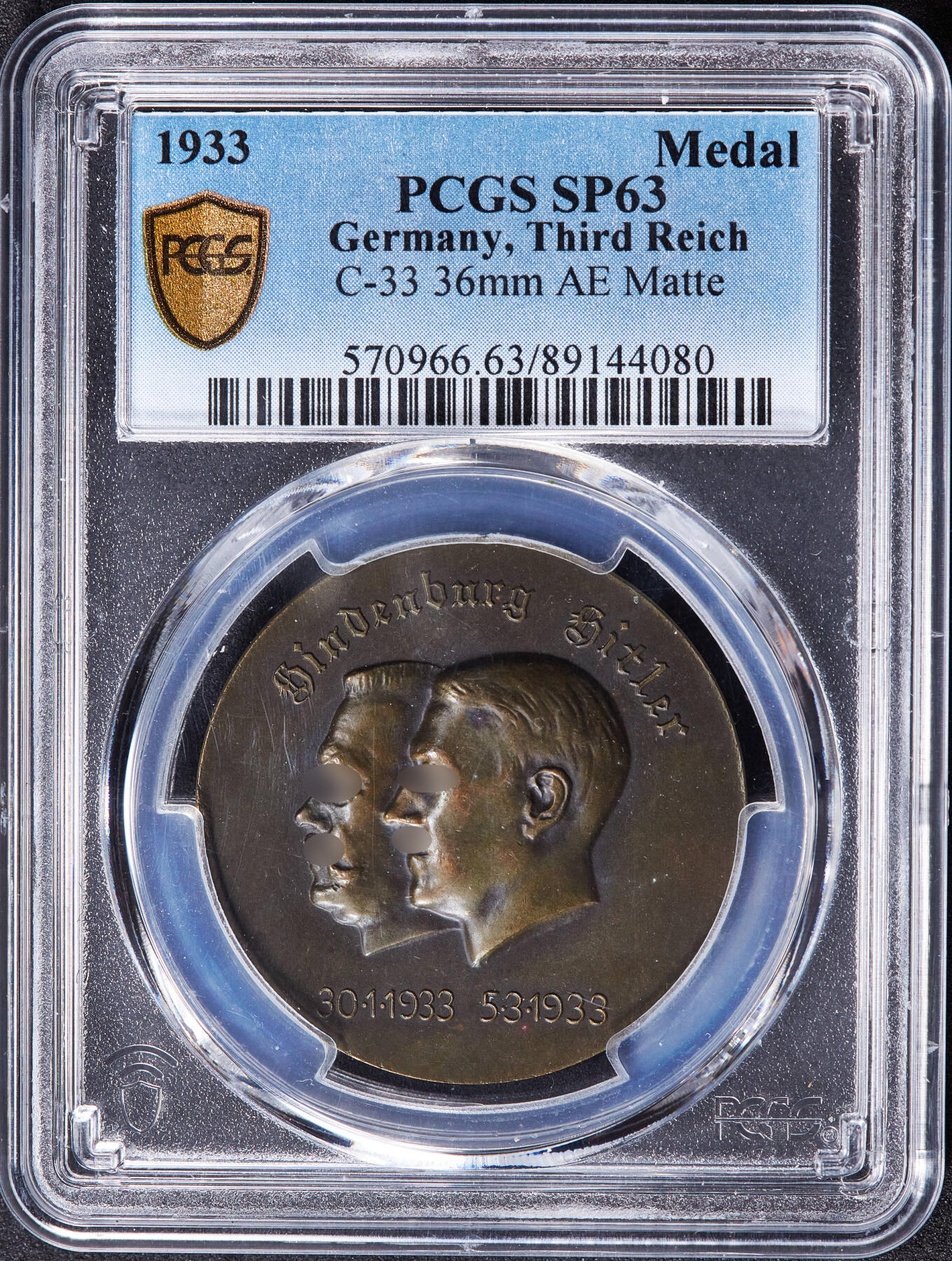 【俄甄集藏】2025年(045)12-03 星期三 晚 19:30 全场包邮 德国第三帝国1933年纪念总理就任铜章，PCGS SP63，热门品种，原图联系客服或前往对应官网进行查询