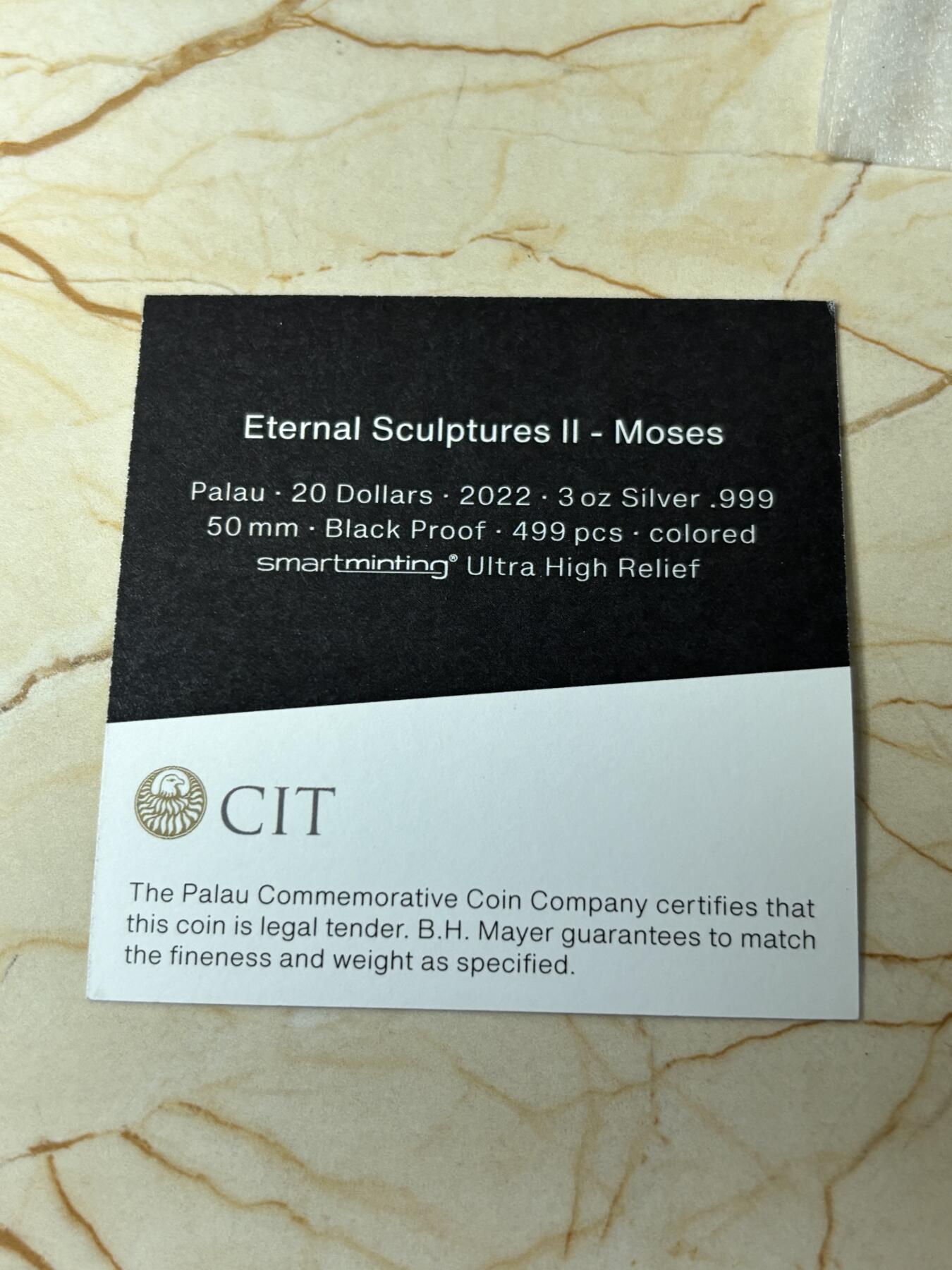 第183期拍卖 帕劳2022年永恒的雕塑系列《梅瑟》3盎司纪念银币，499银，发行量999枚