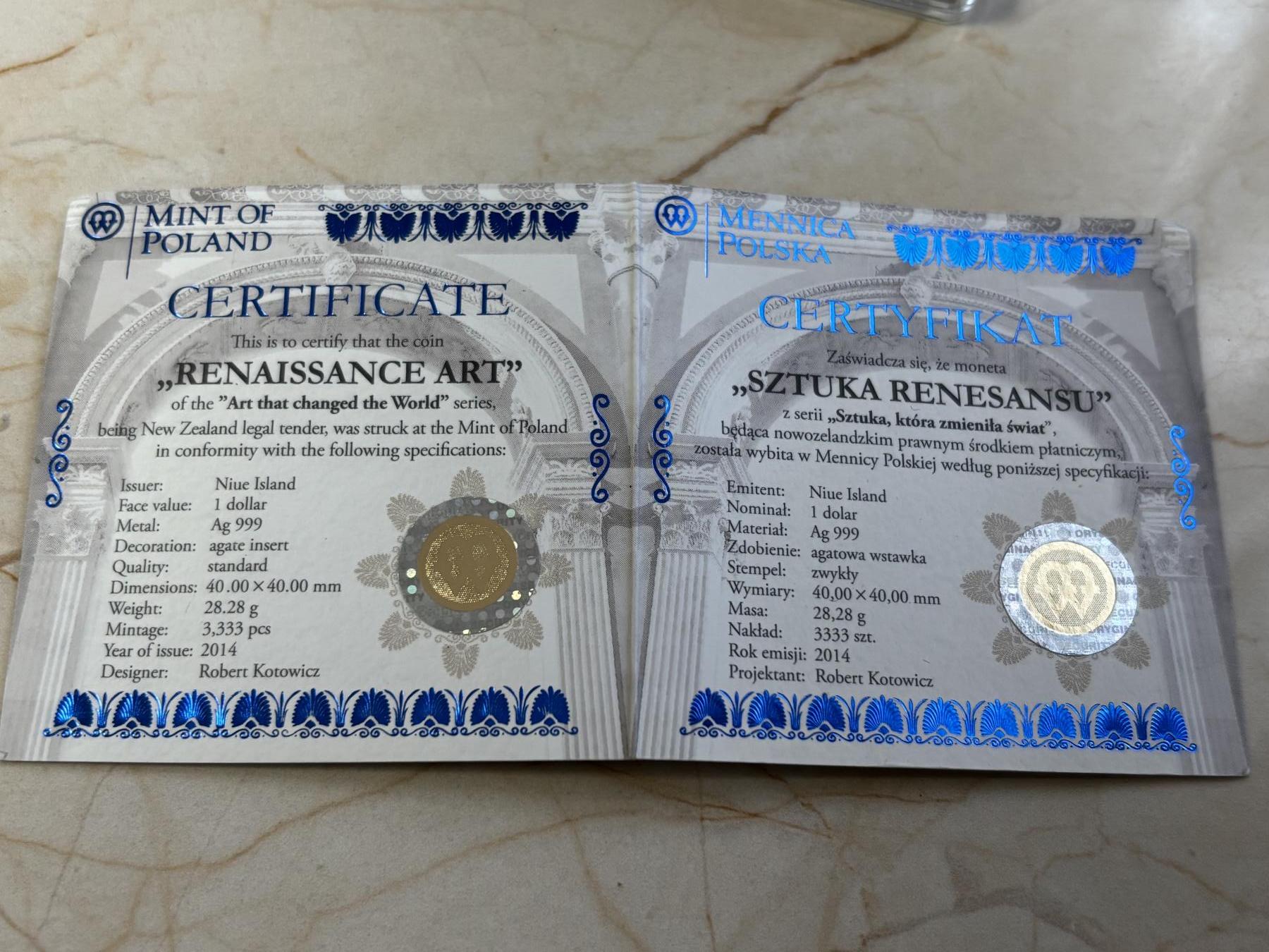 第183期拍卖 纽埃2014年艺术改变世界文艺复兴镶嵌玛瑙仿古银币带证书，28.28克999银，发行量3333枚