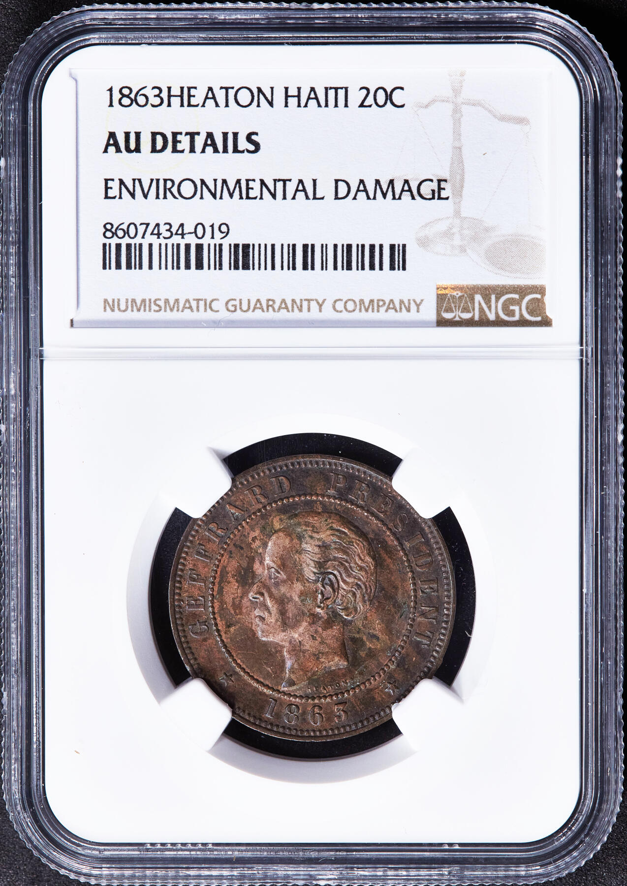 【俄甄集藏】2025年(045)12-03 星期三 晚 19:30 全场包邮 海地1863年20分铜币，NGC AUD，喜敦造币厂，名誉品种