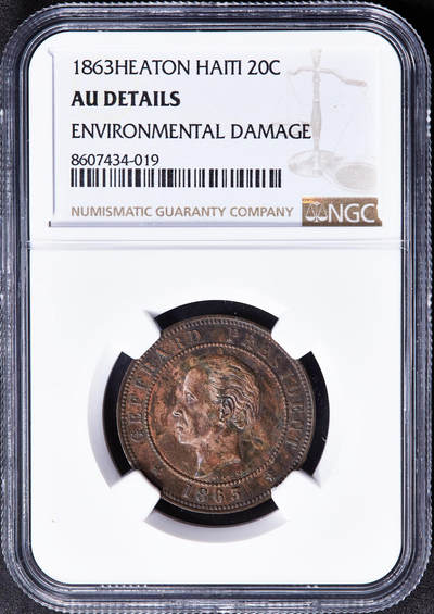 【俄甄集藏】2025年(045)12-03 星期三 晚 19:30 全场包邮 - 海地1863年20分铜币，NGC AUD，喜敦造币厂，名誉品种