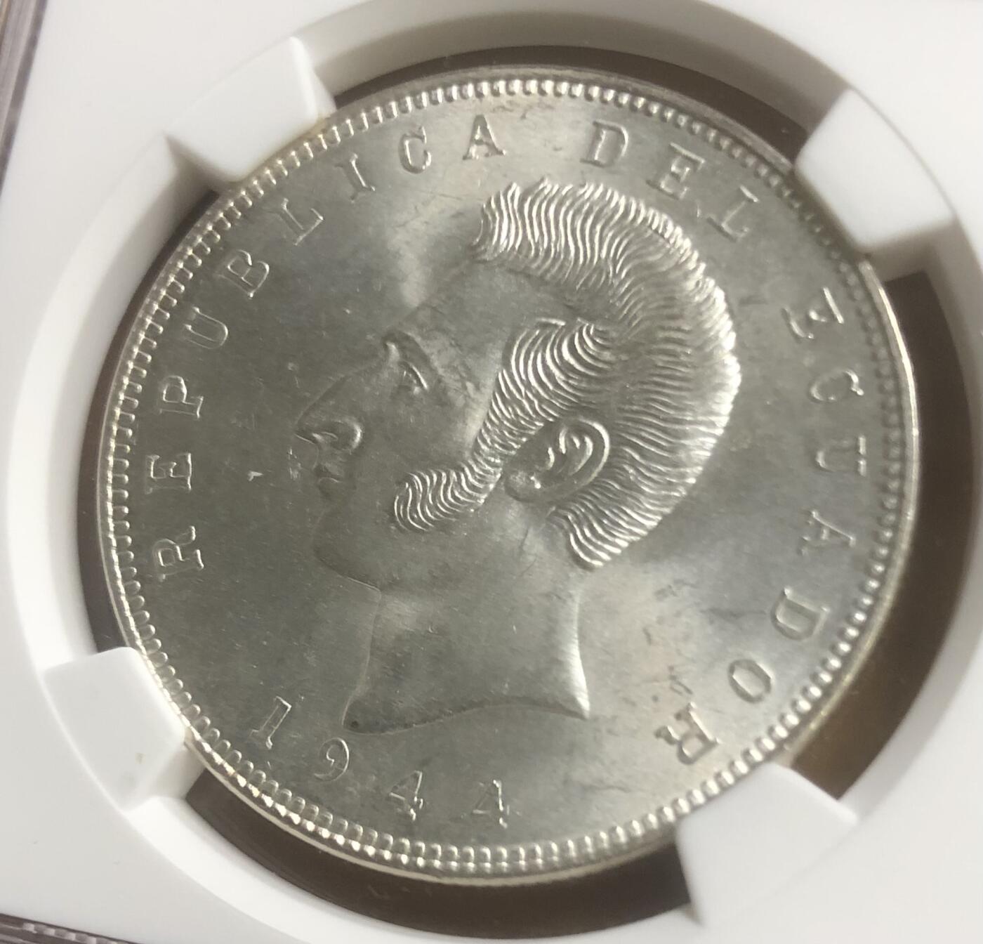 1944厄瓜多尔5苏克雷大银币MS62