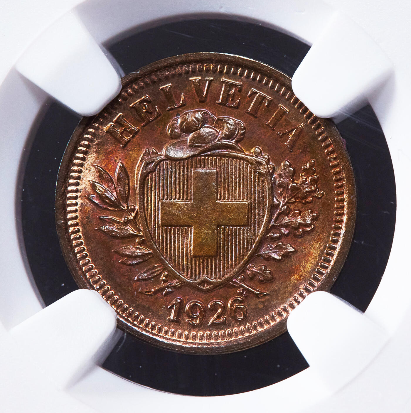 【俄甄集藏】2025年(045)12-03 星期三 晚 19:30 全场包邮 瑞士1926年B版1生丁铜币，NGC MS64RB，原铜光，转光品相