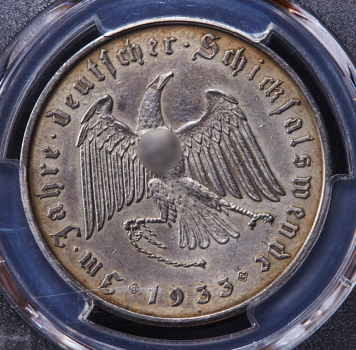 【俄甄集藏】2025年(045)12-03 星期三 晚 19:30 全场包邮 德国第三帝国1933年总理执政纪念锁链鹰银章，PCGS SP62，黄油彩原味状态，原图联系客服或前往对应官网进行查询