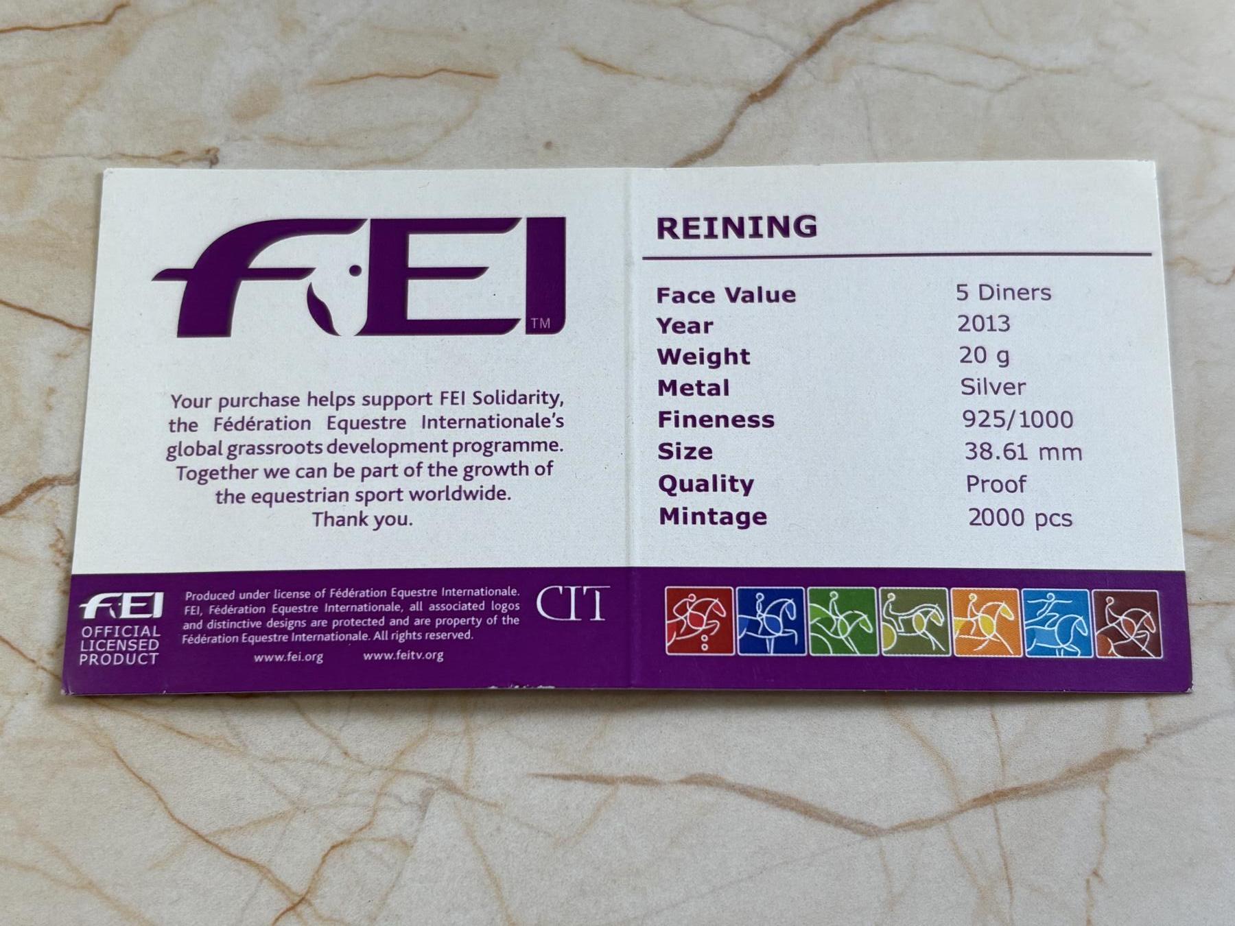 第183期拍卖 安道尔2013年FEI马术世界杯比赛20克精制彩色纪念银币4带证书,925银，发行量2000枚