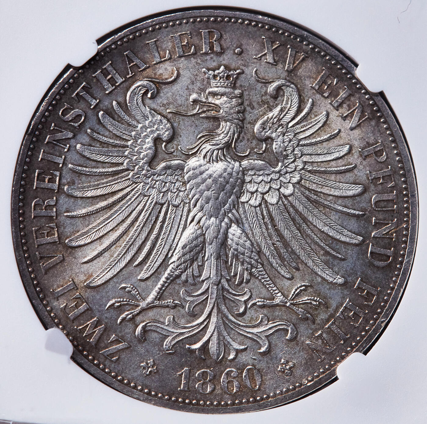 【俄甄集藏】2025年(045)12-03 星期三 晚 19:30 全场包邮 德国法兰克福1860年少女2泰勒大银币，NGC UNCD，五彩包浆，转光品相，疑似错杀