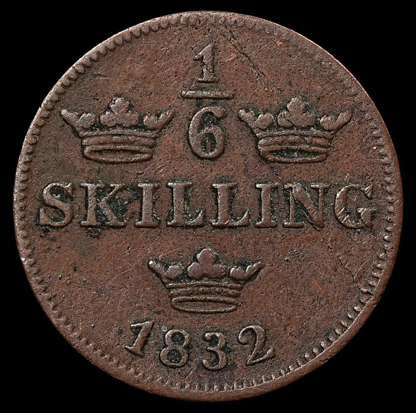 修遠堂世界钱币第九十五期 1832年瑞典1/6 SKILLING铜币