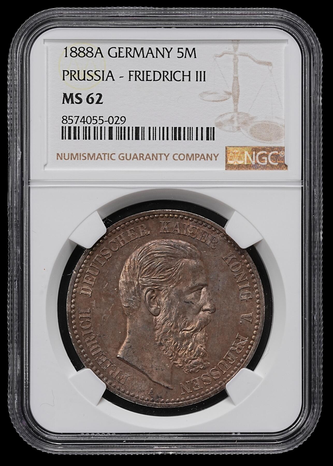 修遠堂世界钱币第九十五期 NGC MS62 1888年普鲁士弗里德里希三世5马克大银币 重包浆