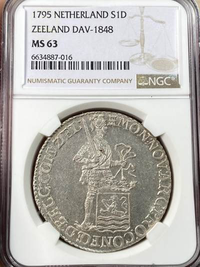万国钱币拍卖第056期 - NGC MS63 1795尼德兰泽兰省站人杜卡特大银 银霜质感 光度极佳 武士盔甲细节清晰可见