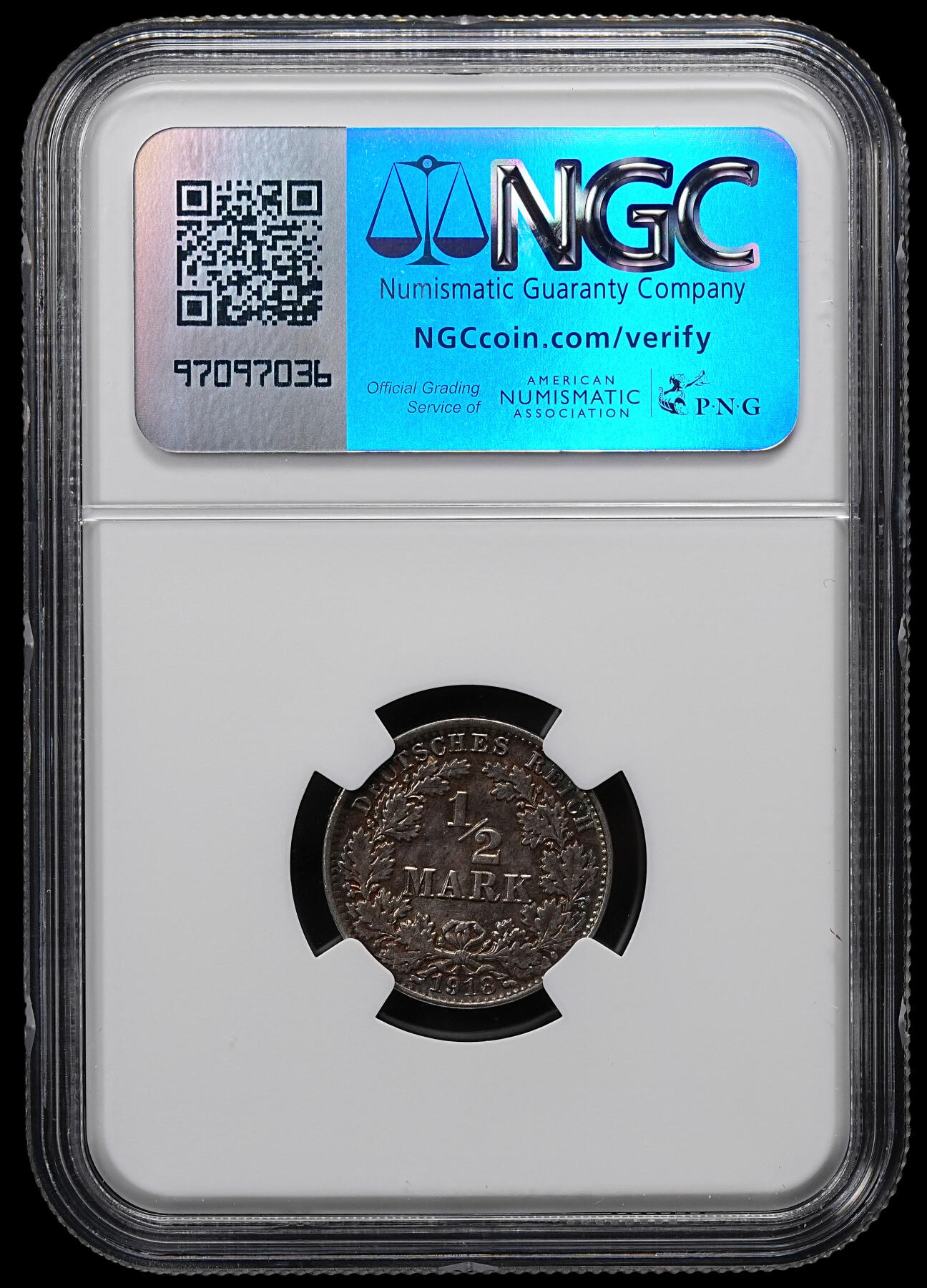 修遠堂世界钱币第九十五期 NGC MS64 1918年德国1/2马克银币 A厂铭 黑五彩