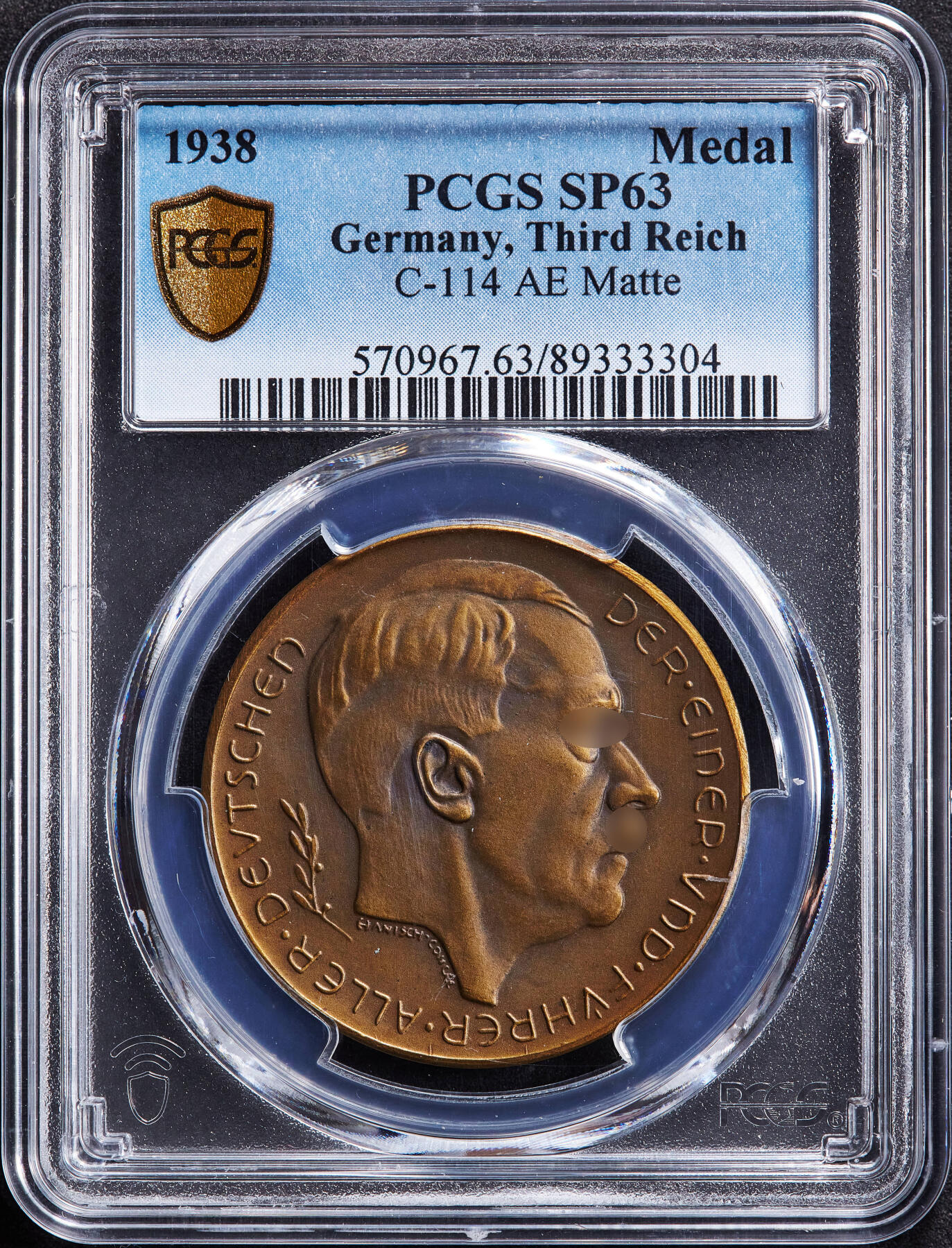 【俄甄集藏】2025年(045)12-03 星期三 晚 19:30 全场包邮 德国第三帝国1938年纪念德国吞并奥地利铜章，PCGS SP63，磨砂底板，铜章少见，原图联系客服或前往对应官网进行查询