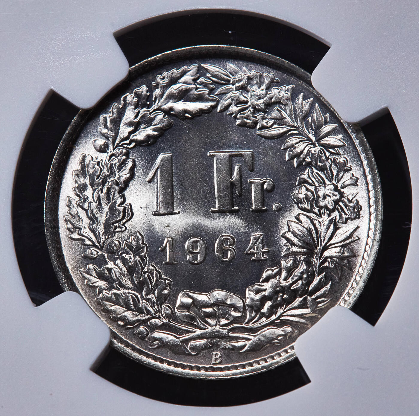 【俄甄集藏】2025年(045)12-03 星期三 晚 19:30 全场包邮 瑞士1964年B版1法郎银币，NGC MS67，顶级车轮转光