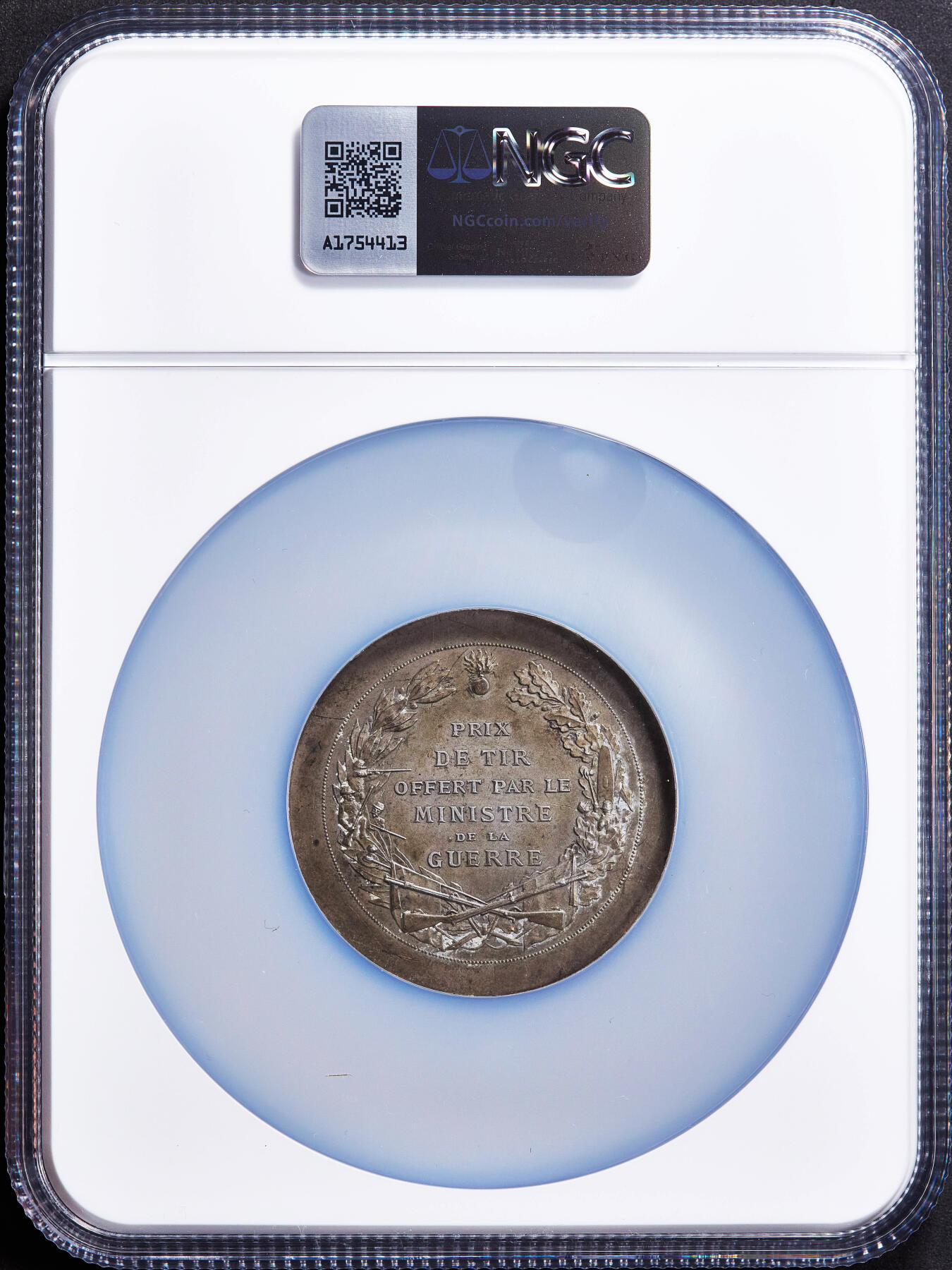 【俄甄集藏】2025年(045)12-03 星期三 晚 19:30 全场包邮 法国19世纪年玛丽安娜桂冠像战争部射击竞赛纪念大银章，NGC UNCD，直径：50mm，雕刻家杜皮斯名作，黄油酱彩老包浆
