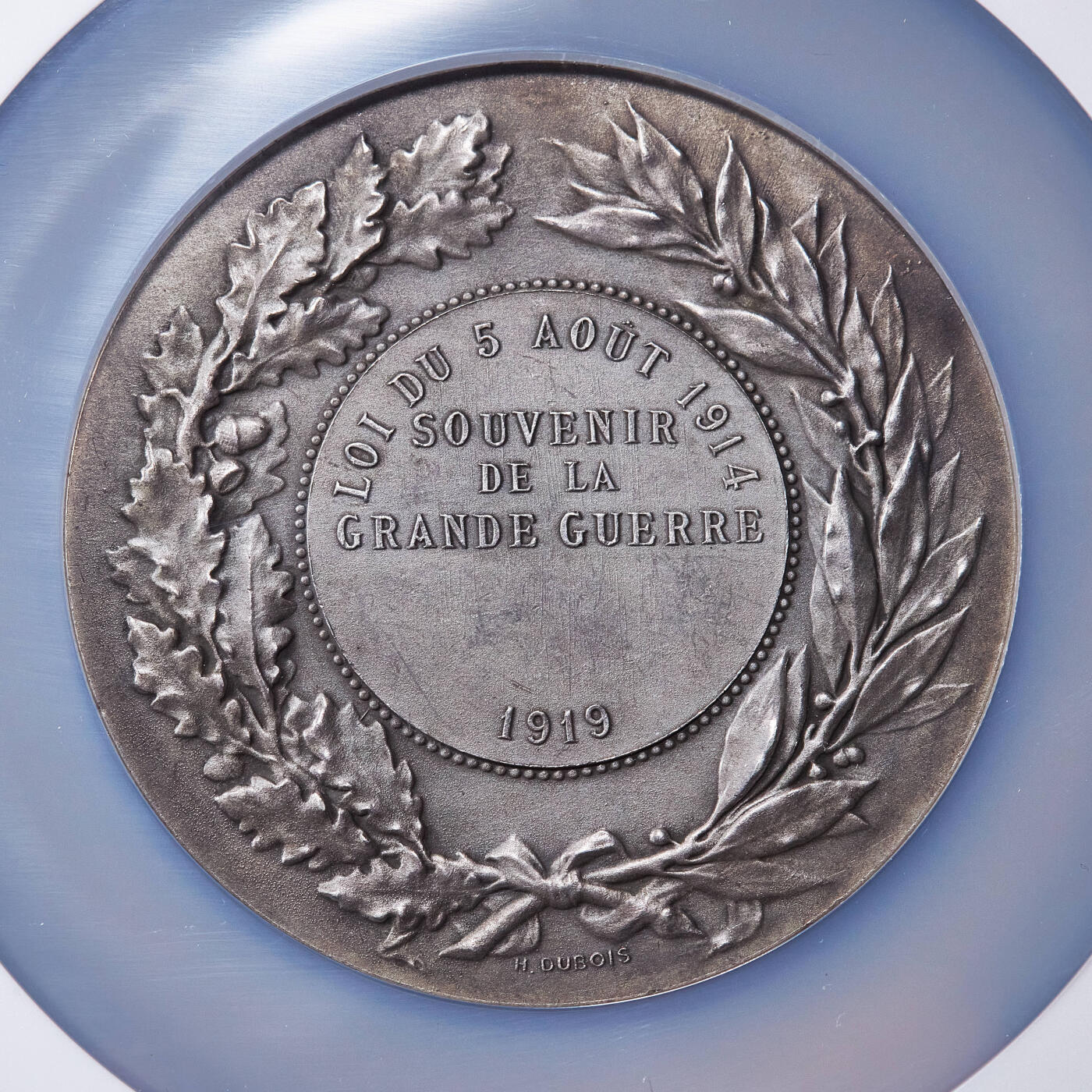 【俄甄集藏】2025年(045)12-03 星期三 晚 19:30 全场包邮 法国1919年玛丽安娜桂冠像纪念一战1914-1919结束镀银大铜章，NGC MS64，直径：69mm，丰饶角铭，原味老包浆，H·杜布瓦雕刻家作品