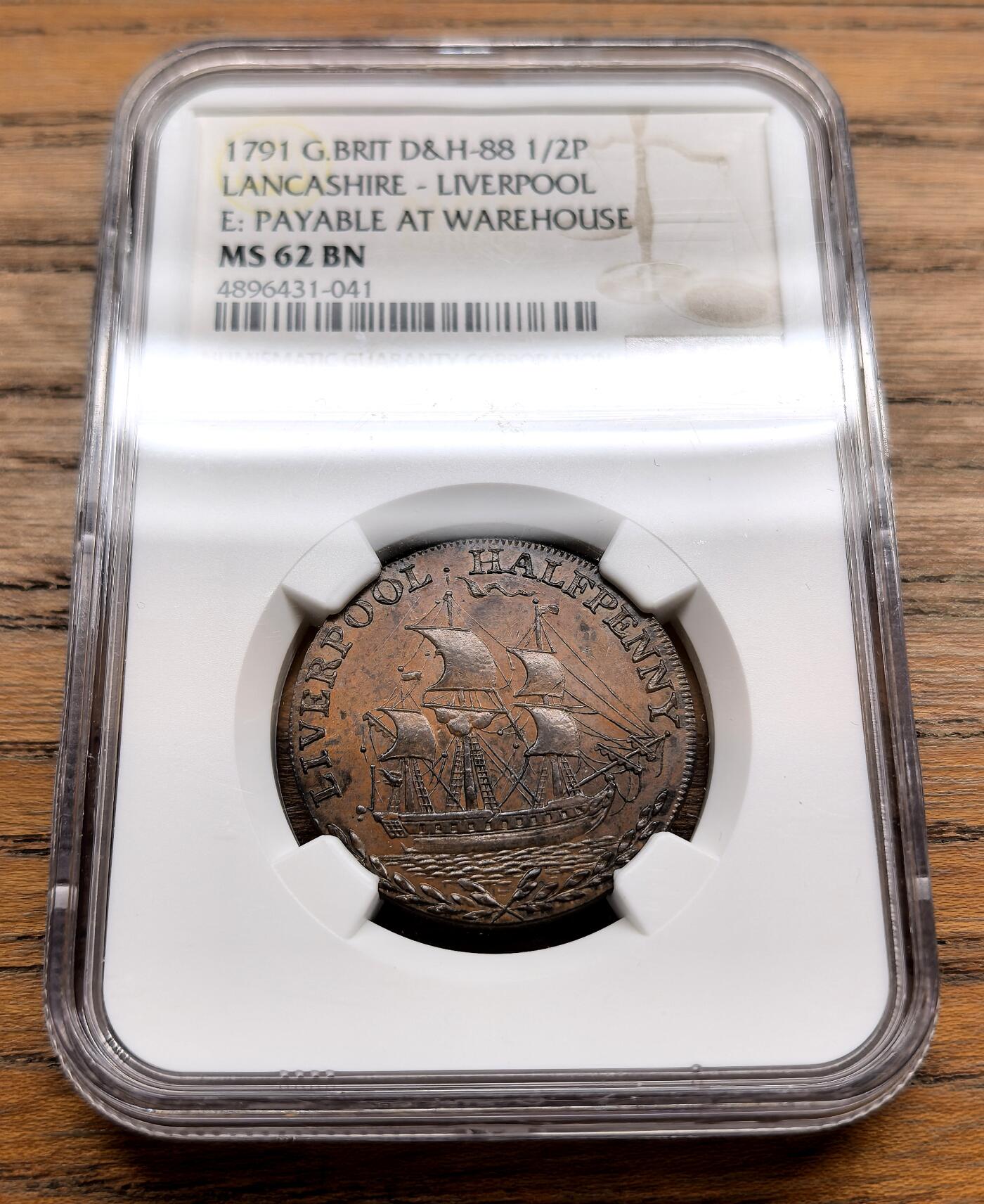 纫秋兰以为佩·凡希社微拍感恩专场 1791英国兰开夏利物浦1/2便士token NGC-MS62