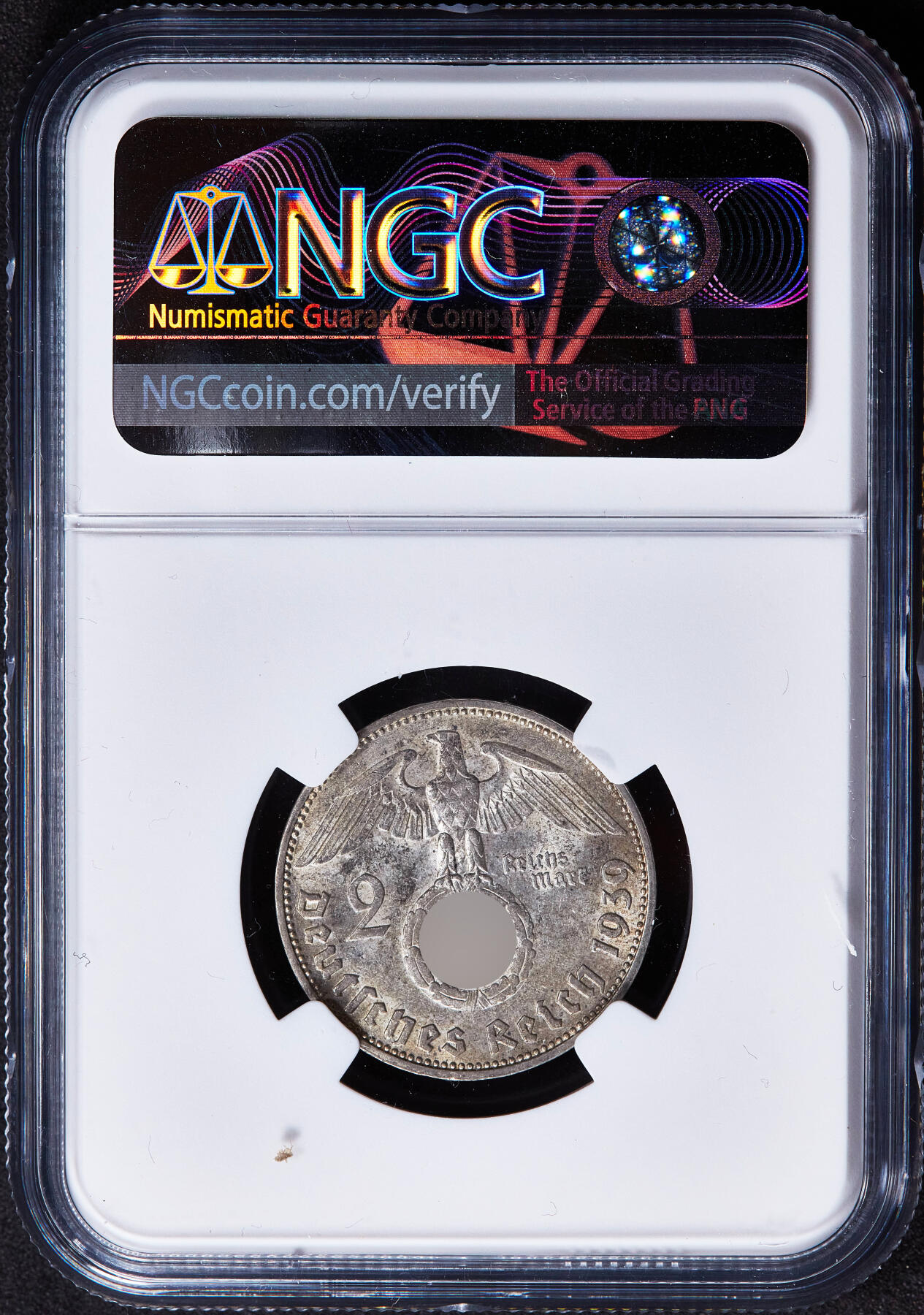 【俄甄集藏】2025年(045)12-03 星期三 晚 19:30 全场包邮 德国第三帝国1939年J版2马克银币，NGC AU58，黄油彩转光品相，少见版别，疑似低评，原图联系客服或前往对应官网进行查询