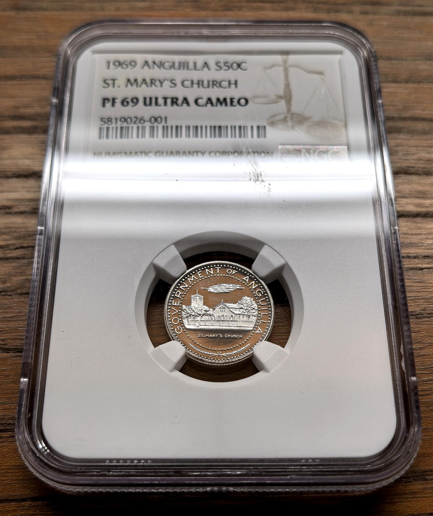 纫秋兰以为佩·凡希社微拍感恩专场 1969安圭拉圣玛丽教堂50分银币精铸NGC-PF69UC