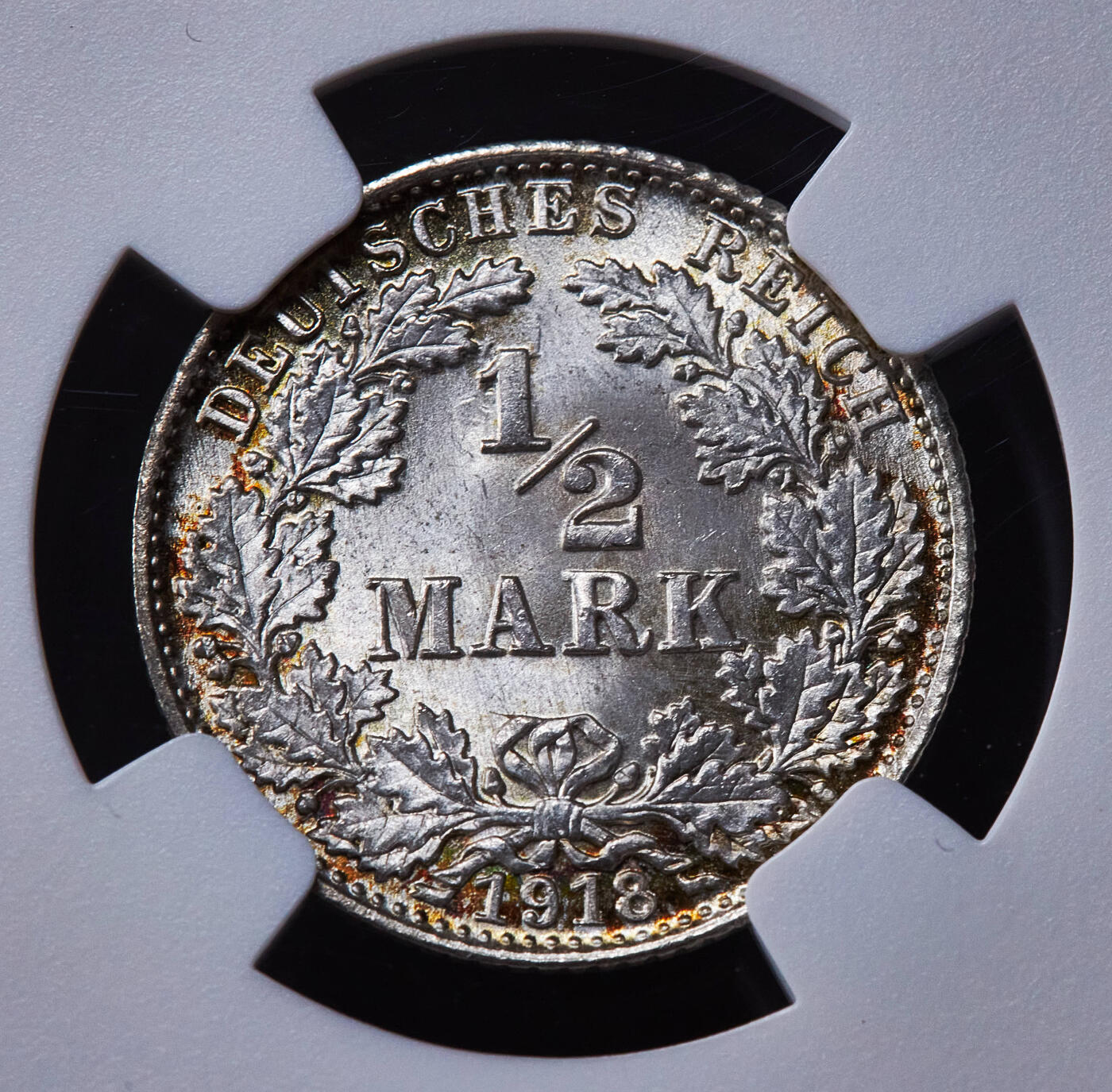 【俄甄集藏】2025年(045)12-03 星期三 晚 19:30 全场包邮 德国1918年威廉二世D版1/2马克银币，NGC MS66，黄油环彩，顶级转光