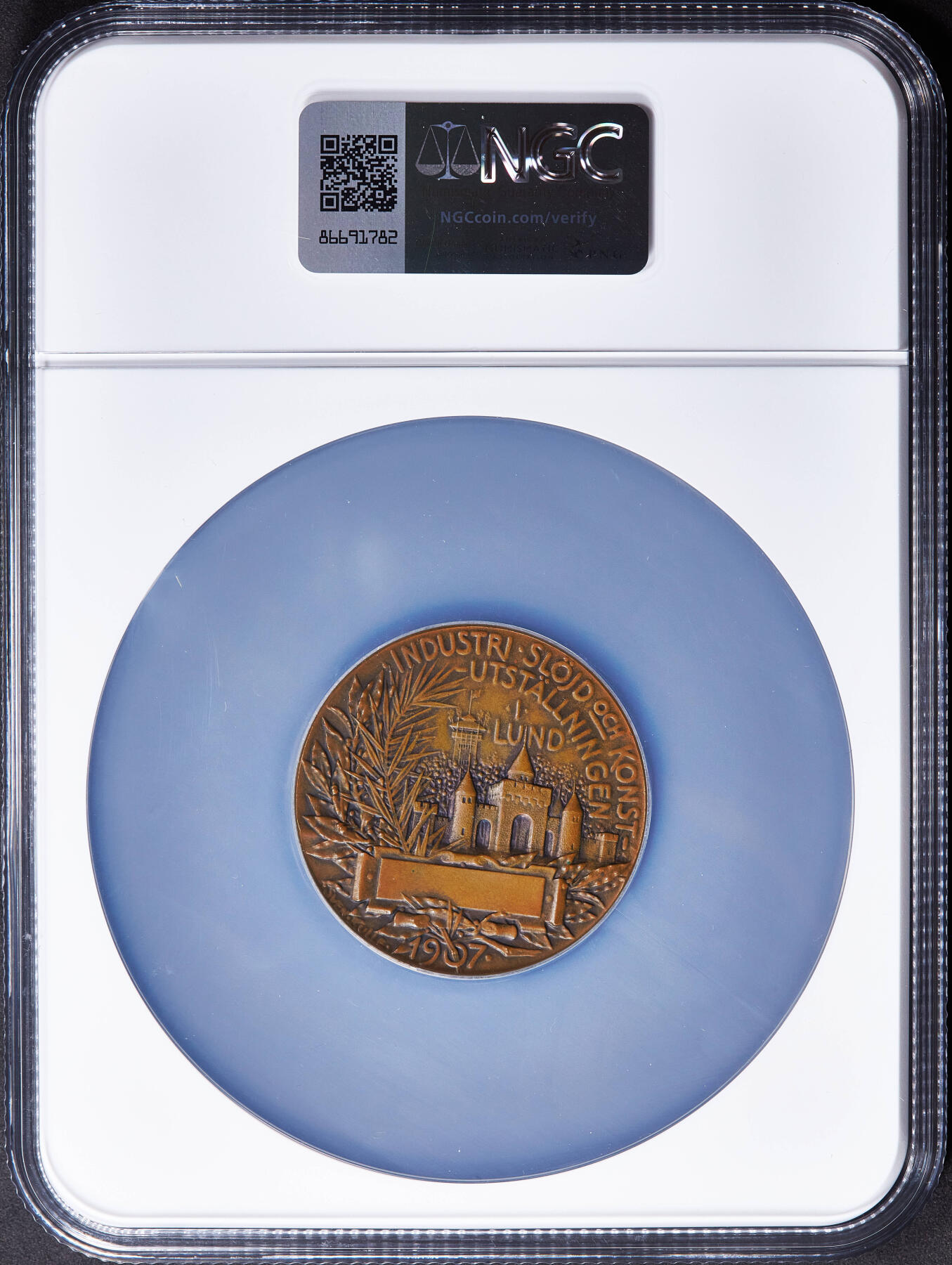 【俄甄集藏】2025年(045)12-03 星期三 晚 19:30 全场包邮 瑞典1907年古斯塔夫·阿道夫亲王（后来的国王古斯塔夫六世）半身像纪念工业工艺与艺术博览会在隆德市举办大铜章，NGC MS64，巧克力包浆，设计精美，直径：46mm，少见品种