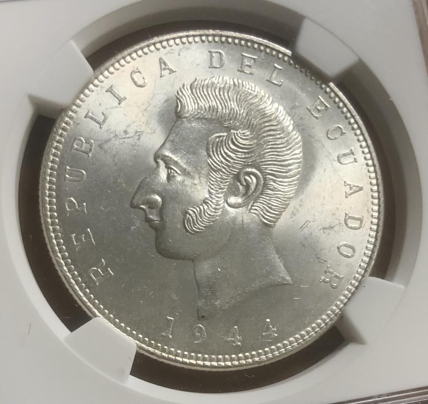 1944厄瓜多尔5苏克雷大银币MS62