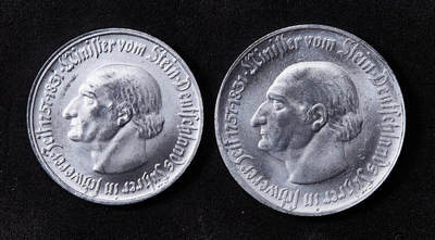 【俄甄集藏】2025年(045)12-03 星期三 晚 19:30 全场包邮 - 德国1923年德紧威斯特法伦男爵头像25万、200万马克铝币2枚一组，UNC原光品相