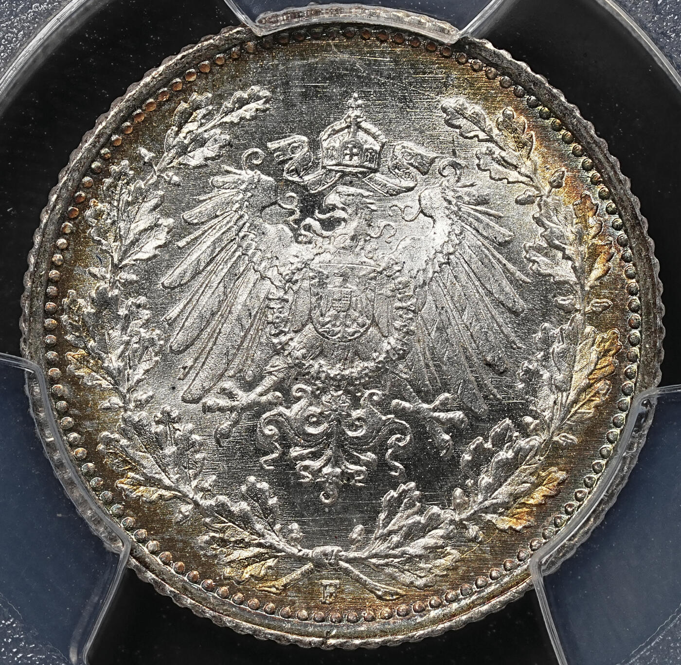 修遠堂世界钱币第九十五期 PCGS MS671915年德国1/2马克银币 F厂铭 环彩