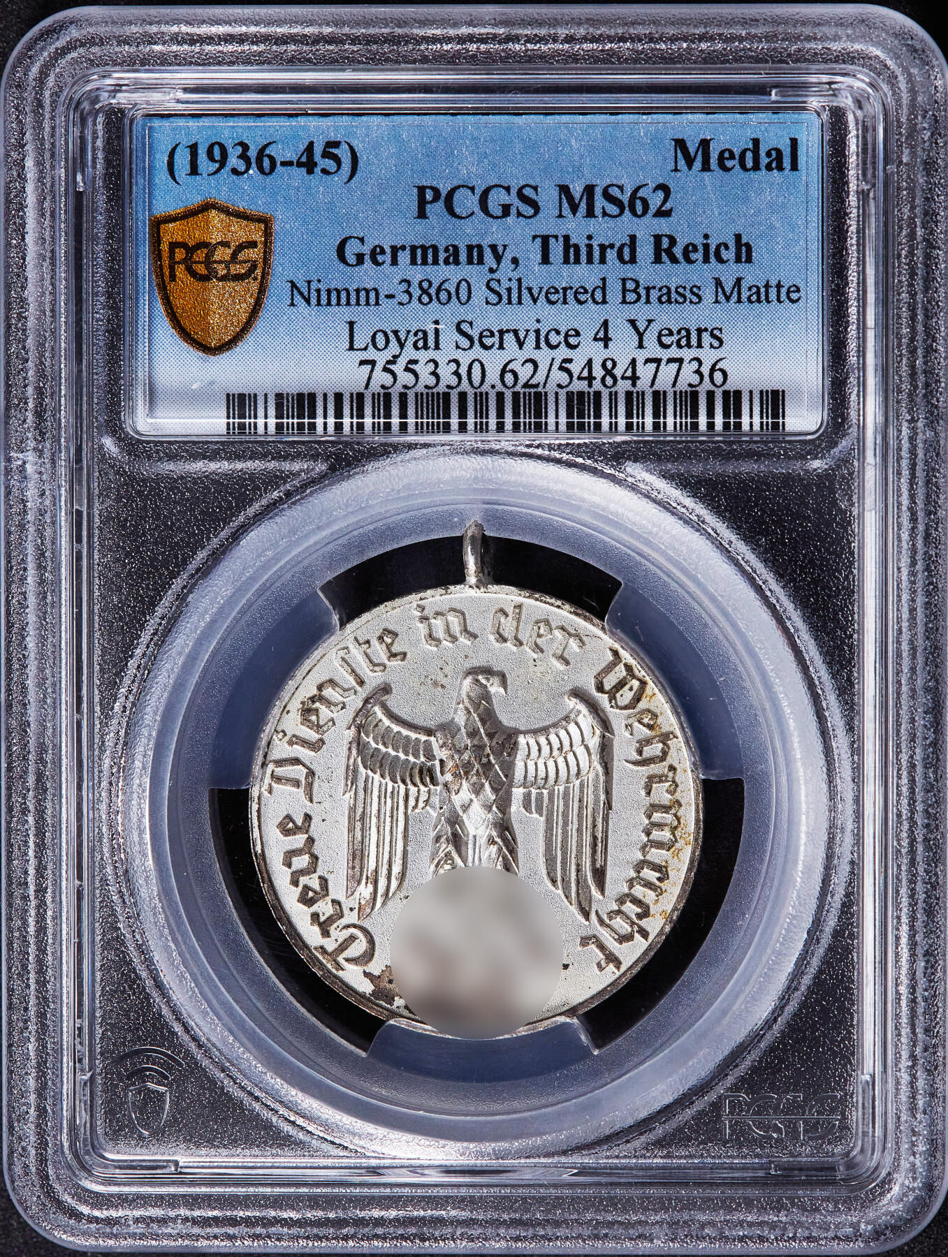 【俄甄集藏】2025年(045)12-03 星期三 晚 19:30 全场包邮 德国第三帝国1936-1945年忠诚服役4周年镀银铜质奖章，PCGS MS62，少见品种，挂环入盒难得，原图联系客服或前往对应官网进行查询