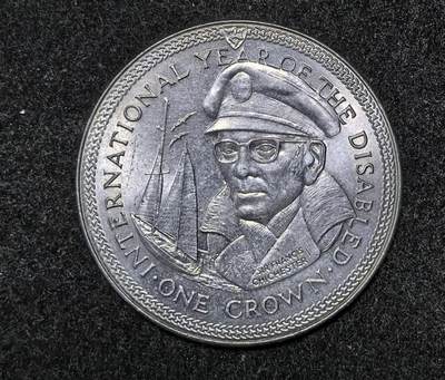 北京马甸外国币专卖第147期，外国币专场，陆续上拍，欢迎关注 - 马恩岛 1981年 国际残疾人年-航海家-奇切斯特 1克朗 纪念币