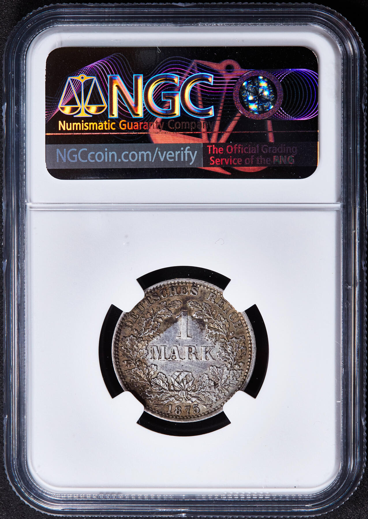 【俄甄集藏】2025年(045)12-03 星期三 晚 19:30 全场包邮 德国1875年A版短翅1马克芬尼银币，NGC AUD，黄油彩原光品相