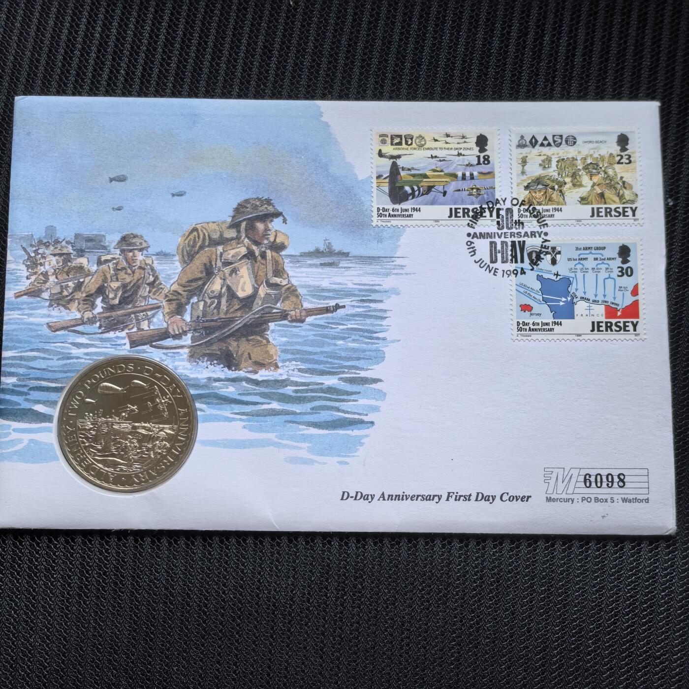 道一币馆币章第一百五十六场 邮币封 泽西岛1994年诺曼底登陆50周年系列2镑纪念币