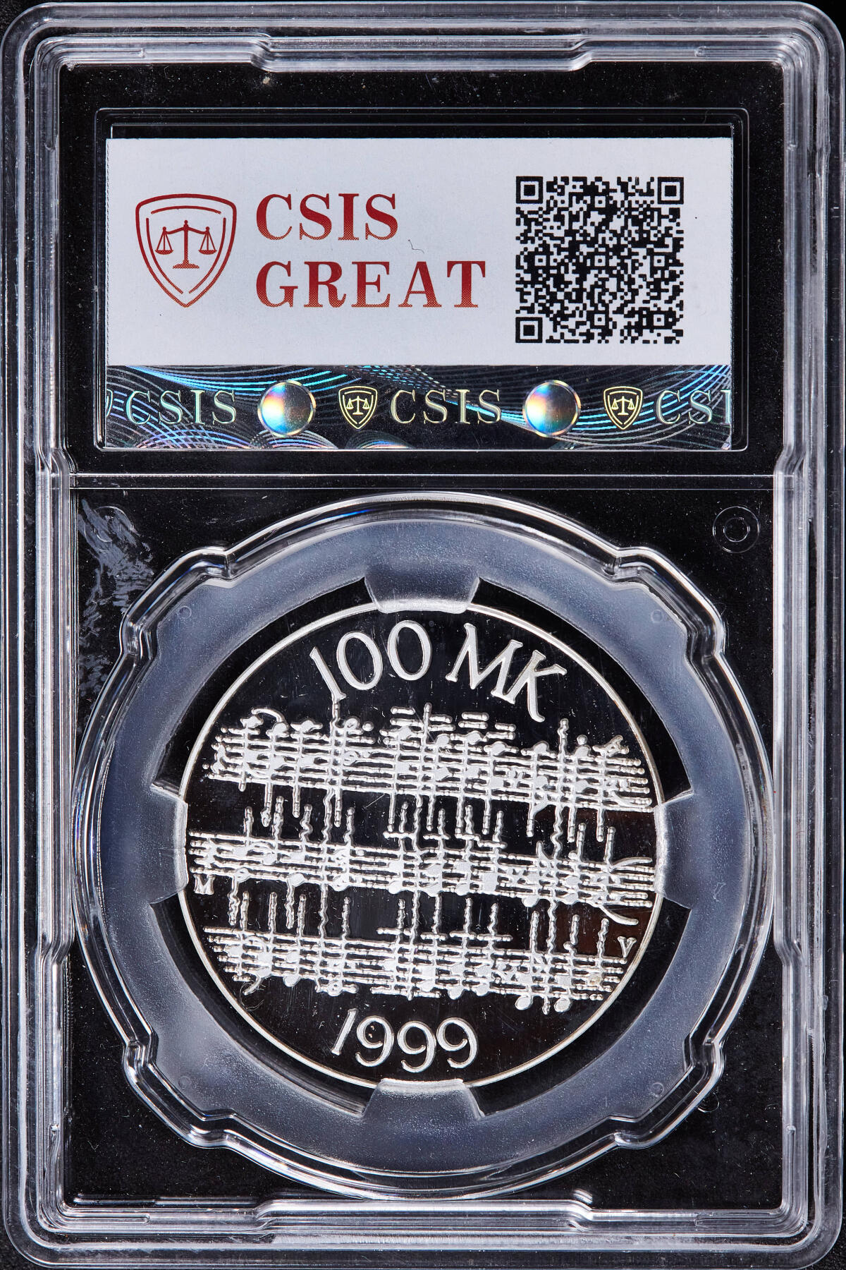 【俄甄集藏】2025年(045)12-03 星期三 晚 19:30 全场包邮 芬兰1999年纪念音乐家让·西贝柳斯100马克精制银币，信泰 PF70UC，重量：22克，含银量：92.5%，发行量：6000枚，稀少品种