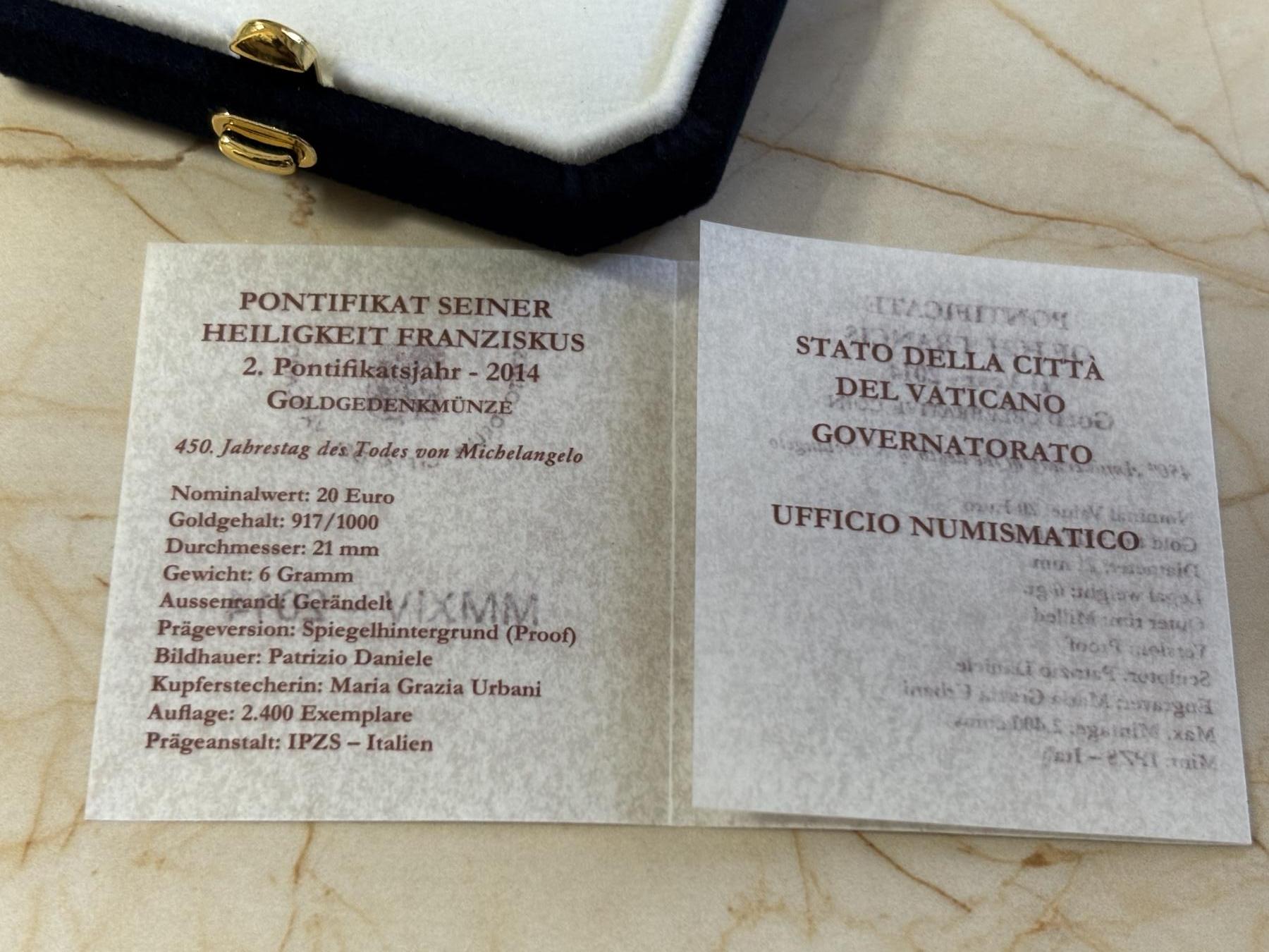 第183期拍卖 梵蒂冈2014年文艺复兴米开朗基罗逝世纪念金币，917金，6克，发行2400枚，有氧化点