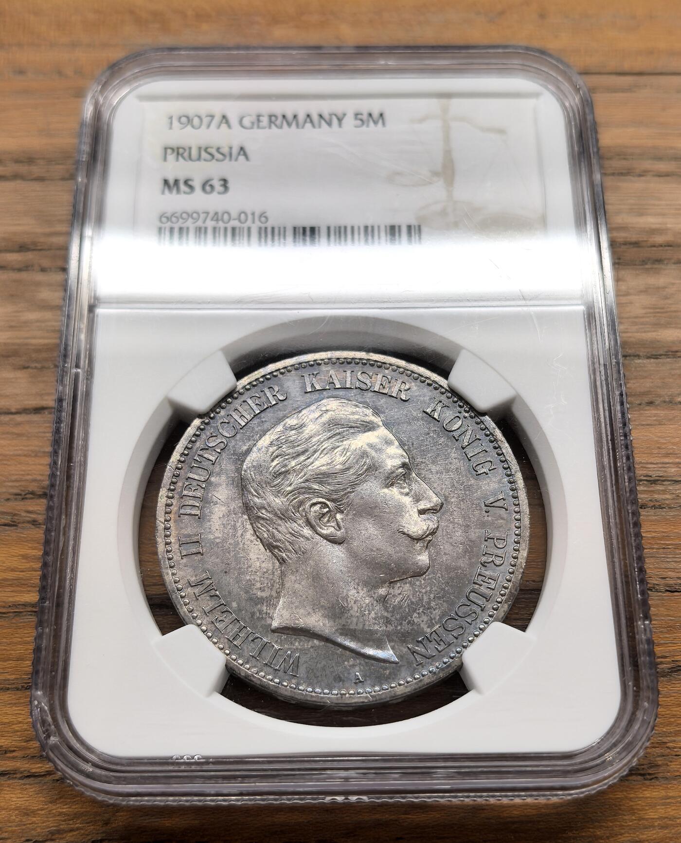 纫秋兰以为佩·凡希社微拍感恩专场 1907A德国普鲁士威廉二世5马克大银NGC-MS63