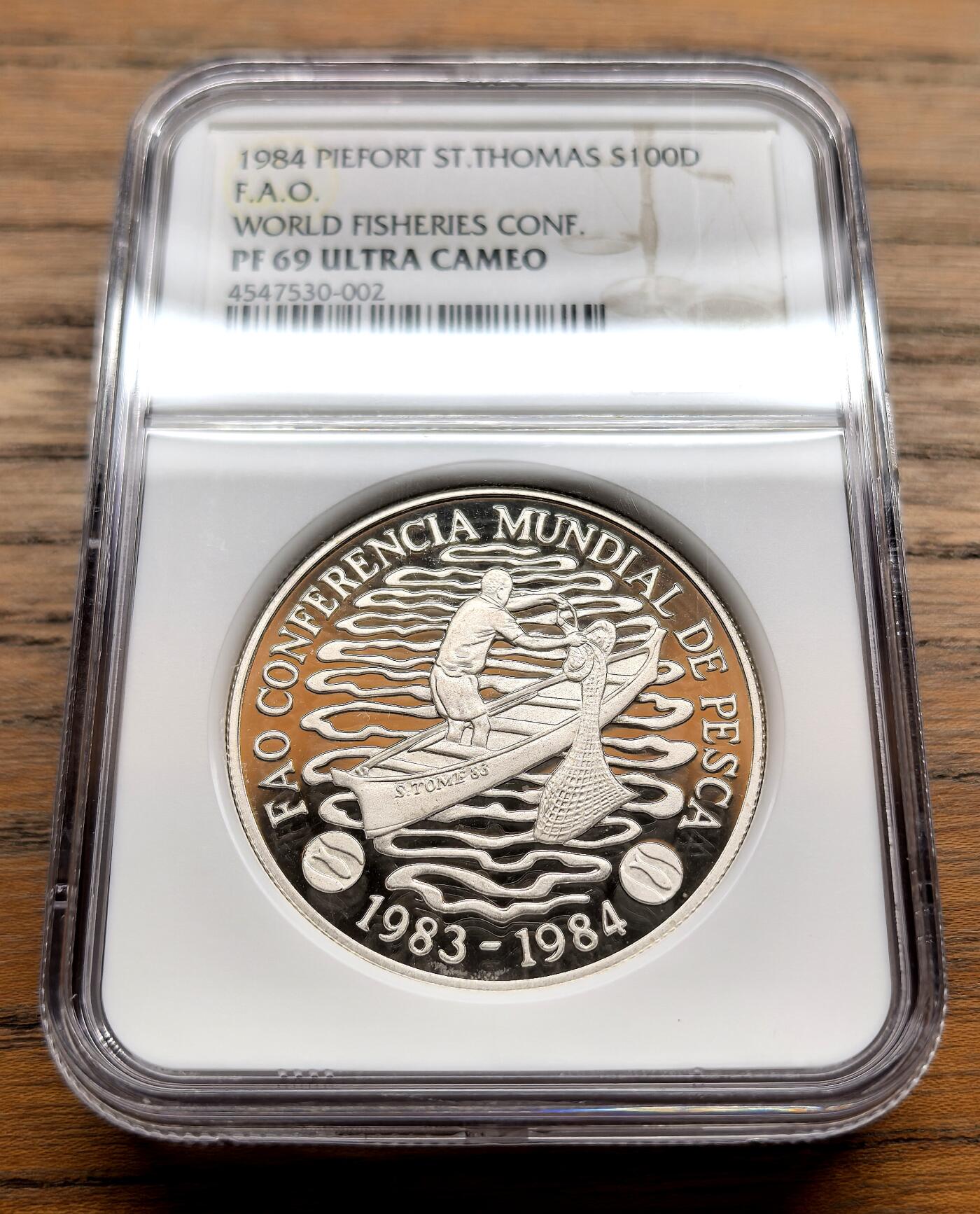 纫秋兰以为佩·凡希社微拍感恩专场 1984圣多美与普林西比FAO渔业会议100D大银加厚版NGC-PF69UC