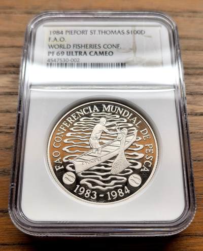 纫秋兰以为佩·凡希社微拍感恩专场 - 1984圣多美与普林西比FAO渔业会议100D大银加厚版NGC-PF69UC