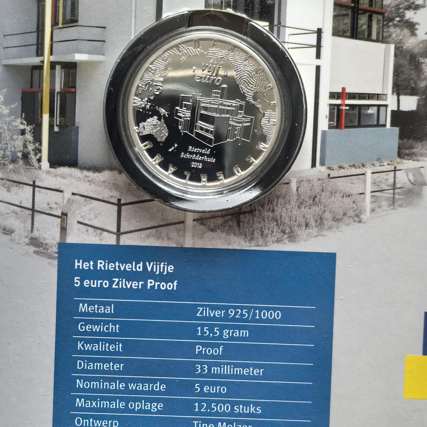 道一币馆币章第一百五十六场 原包装 荷兰2013年设计师里特维尔德诞辰125周年5欧元精制银币