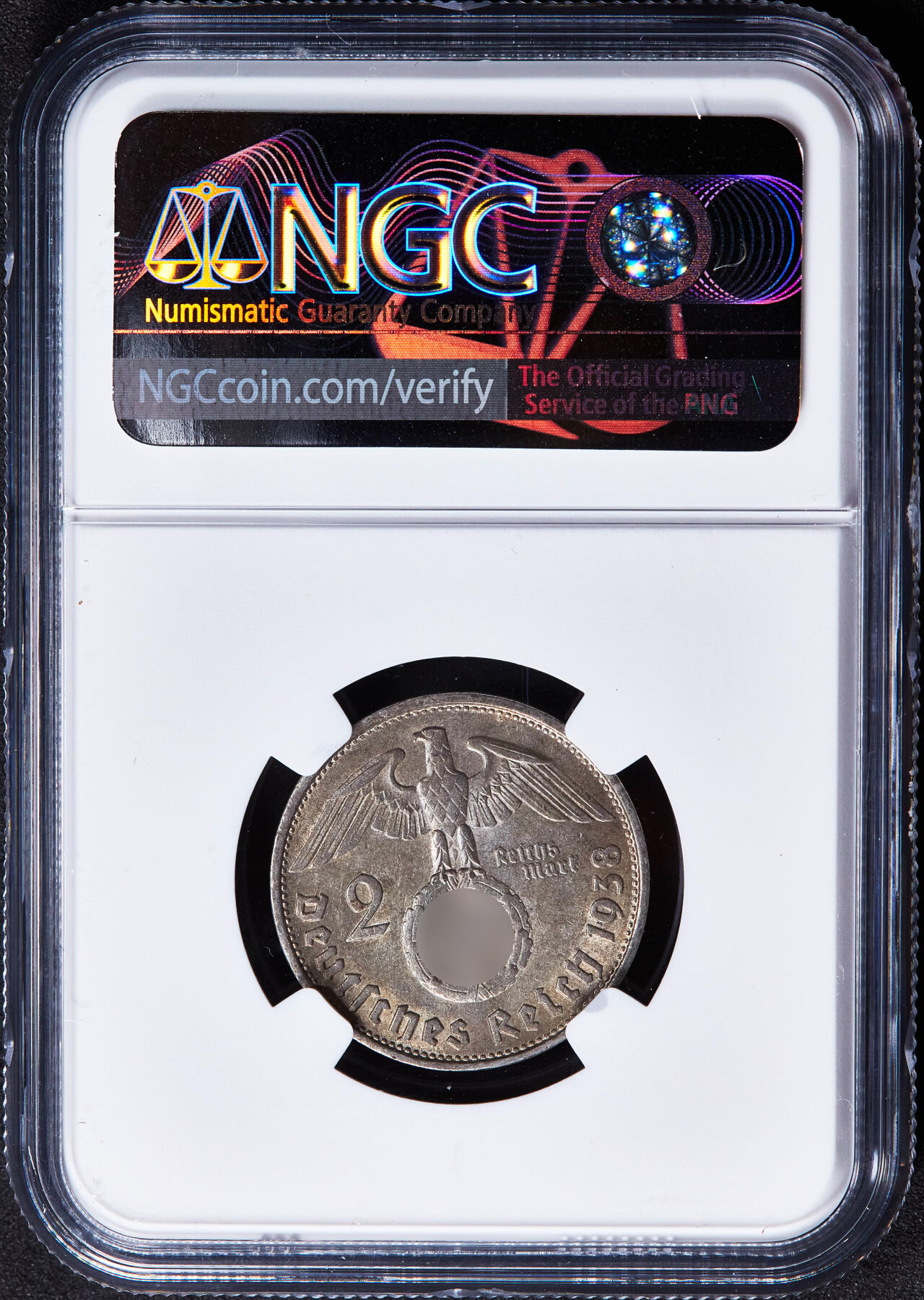 【俄甄集藏】2025年(045)12-03 星期三 晚 19:30 全场包邮 德国第三帝国1938年B版2马克银币，NGC MS62，黄油彩原光品相，原图联系客服或前往对应官网进行查询