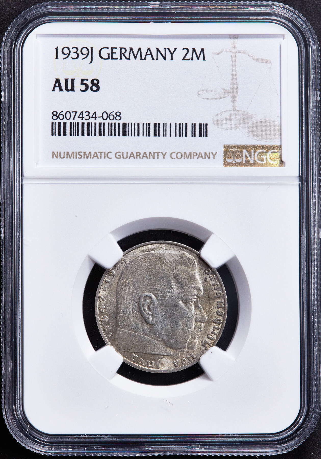 【俄甄集藏】2025年(045)12-03 星期三 晚 19:30 全场包邮 德国第三帝国1939年J版2马克银币，NGC AU58，黄油彩转光品相，少见版别，疑似低评，原图联系客服或前往对应官网进行查询