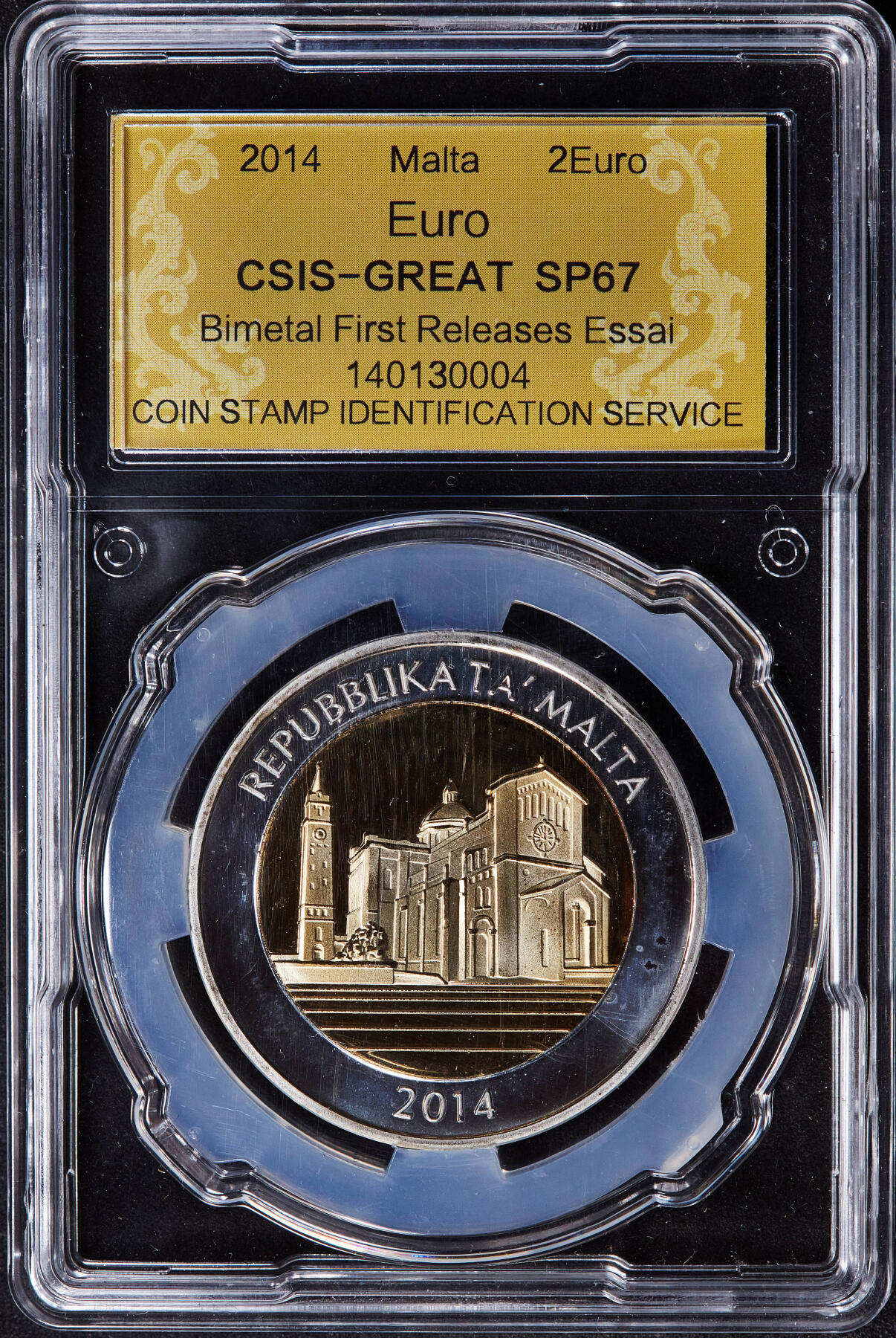 【俄甄集藏】2025年(045)12-03 星期三 晚 19:30 全场包邮 马耳他2014年戈佐岛上的塔皮努圣母国家朝圣地2欧元双色精制样币，信泰 SP67，稀少品种，直径35mm