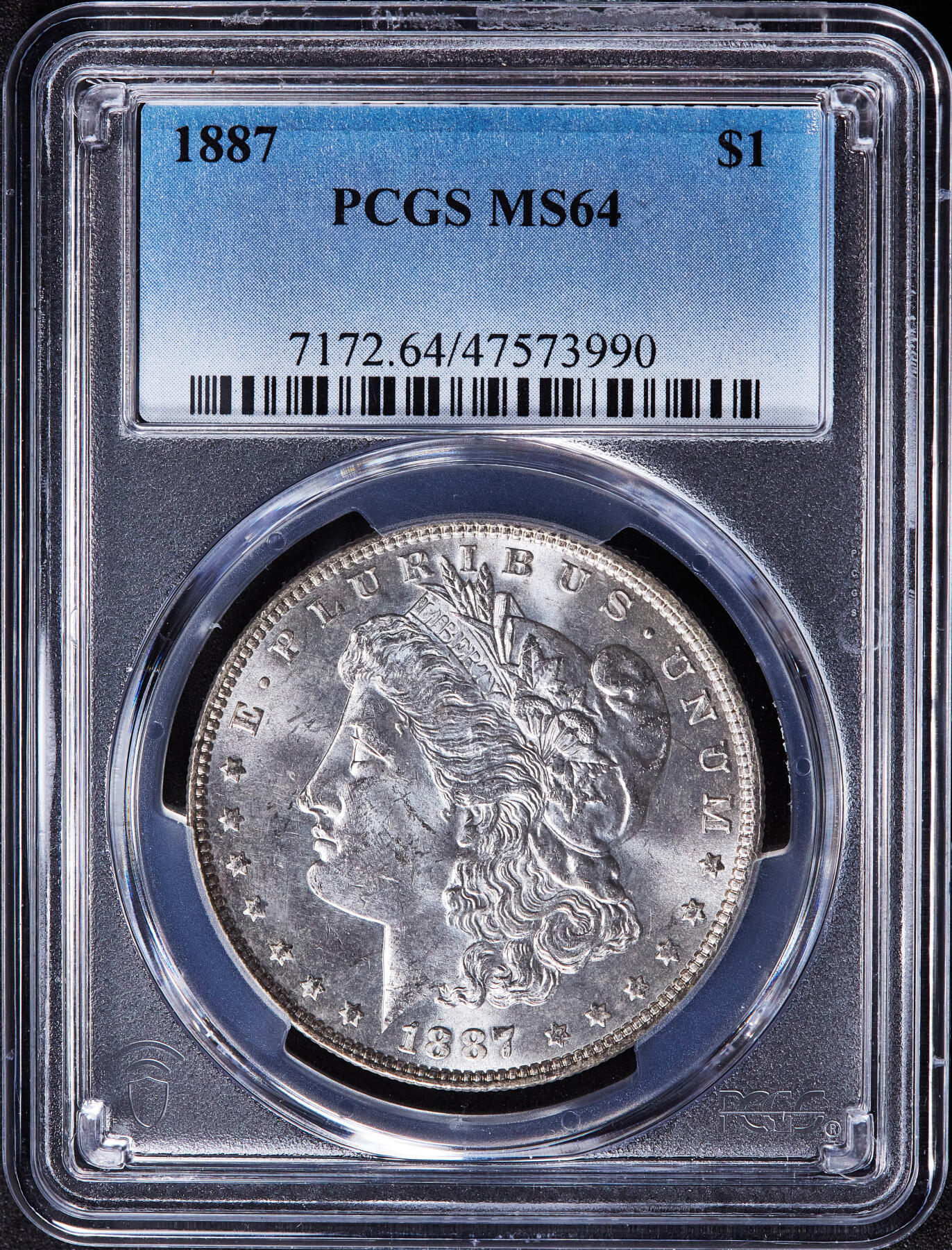 【俄甄集藏】2025年(045)12-03 星期三 晚 19:30 全场包邮 美国1887年摩根1美元大银币，PCGS MS64，车轮转光，底板凝霜